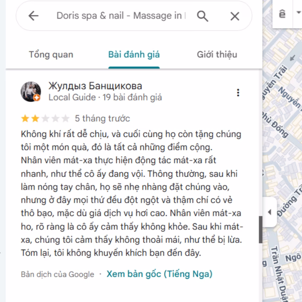 Phản hồi chưa tốt trên Google Maps của Doris Spa