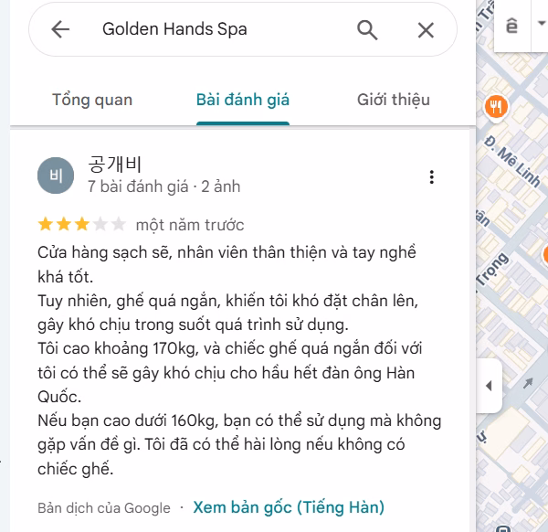 Phản hồi chưa tốt trên Google Maps của Golden Hands Spa