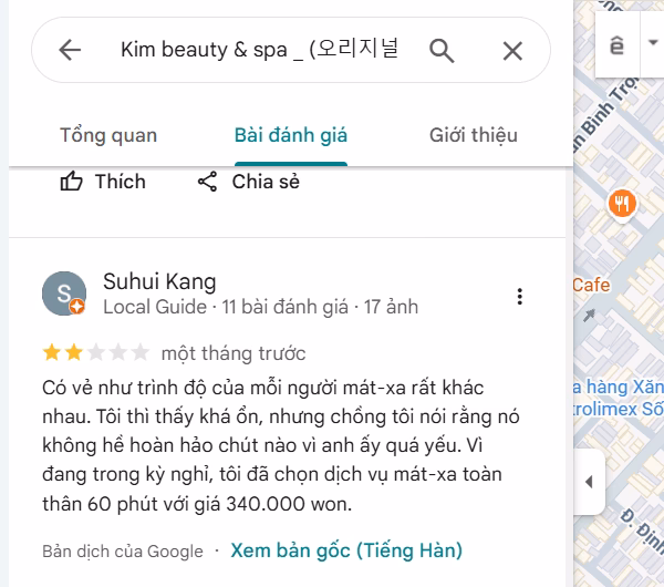 Phản hồi chưa tốt trên Google Maps của Kim Beauty & Spa