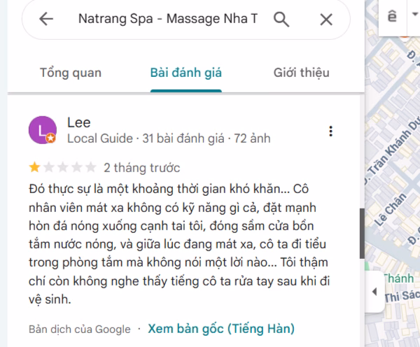 Phản hồi chưa tốt trên Google Maps của Natrang Spa