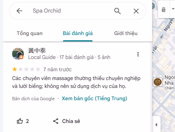 Phản hồi chưa tốt trên Google Maps của Orchid Spa
