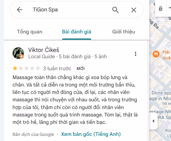 Phản hồi chauw tốt trên Google Maps của Tigon Spa