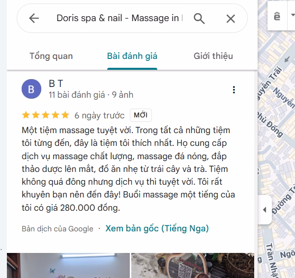Phản hồi tích cực trên Google Maps của Doris Spa