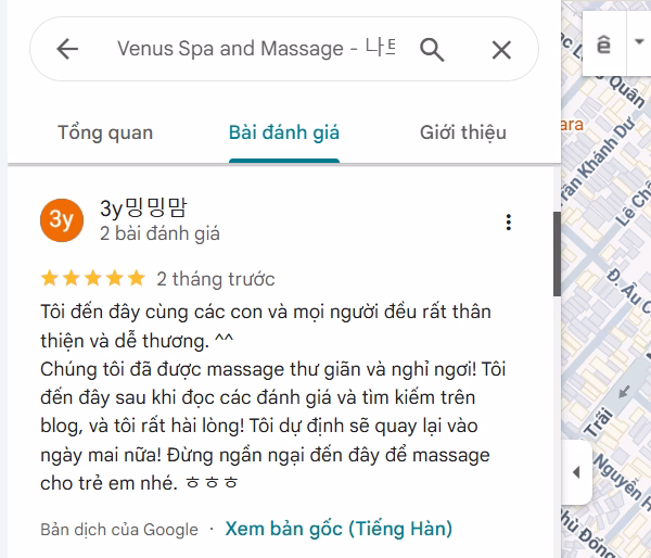 Phản hồi tích cực trên Google Maps của Venus Spa